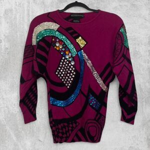 Vintage 80s Spree International Pink Geometric Sequin Sweater Lambswool Size S